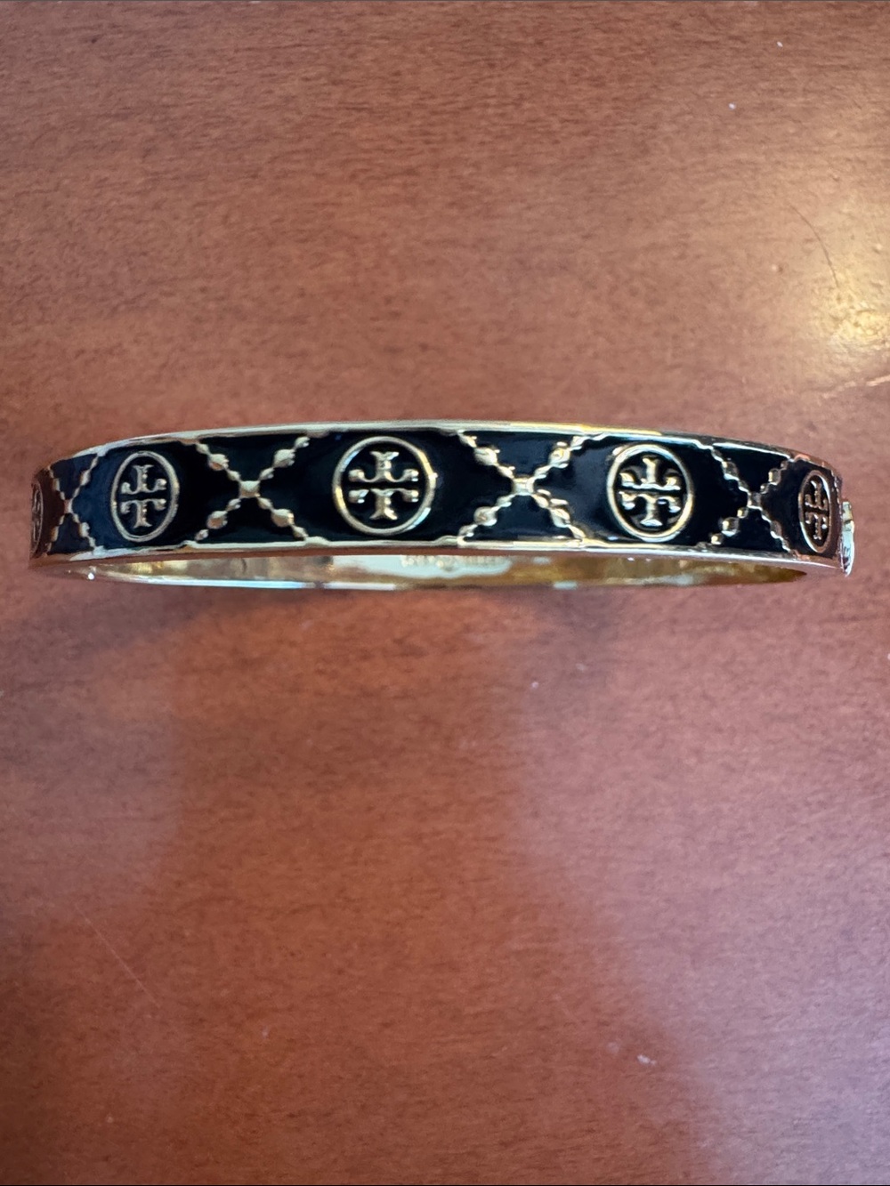 Tory Burch Black Gold-Tone with Black Enamel Logo Latch Bangle Bracelet NEW $189